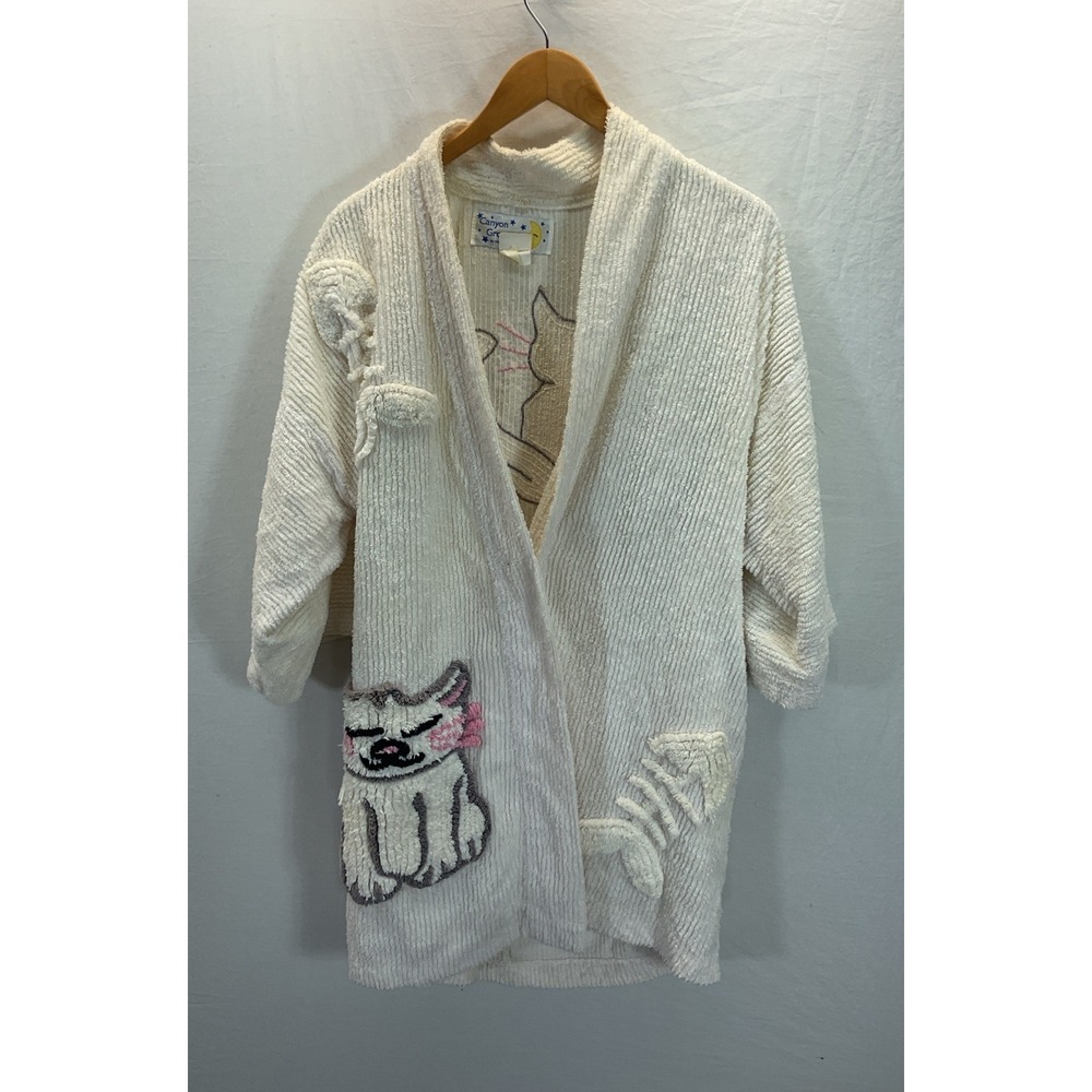 Canyon Group white Chenille Bath Robe Cats Fish Bones Short  VTG Size S/M